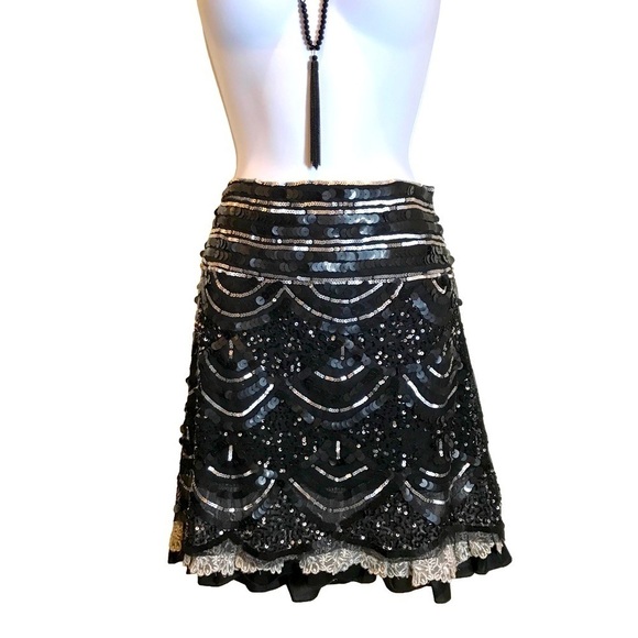 bebe Dresses & Skirts - bebe Dazzling Sequin, Lace & Ruffle Skirt, Sz S, Black Silver, Cream Lace